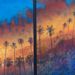 Hollywood Hills Sunset Palm Tree Original Art Pastel Painting by Ron Pekar